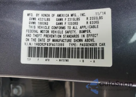 2015 Honda Accord Exl z USA, uszkodzony, nr VIN 1HGCR2F83FA070995